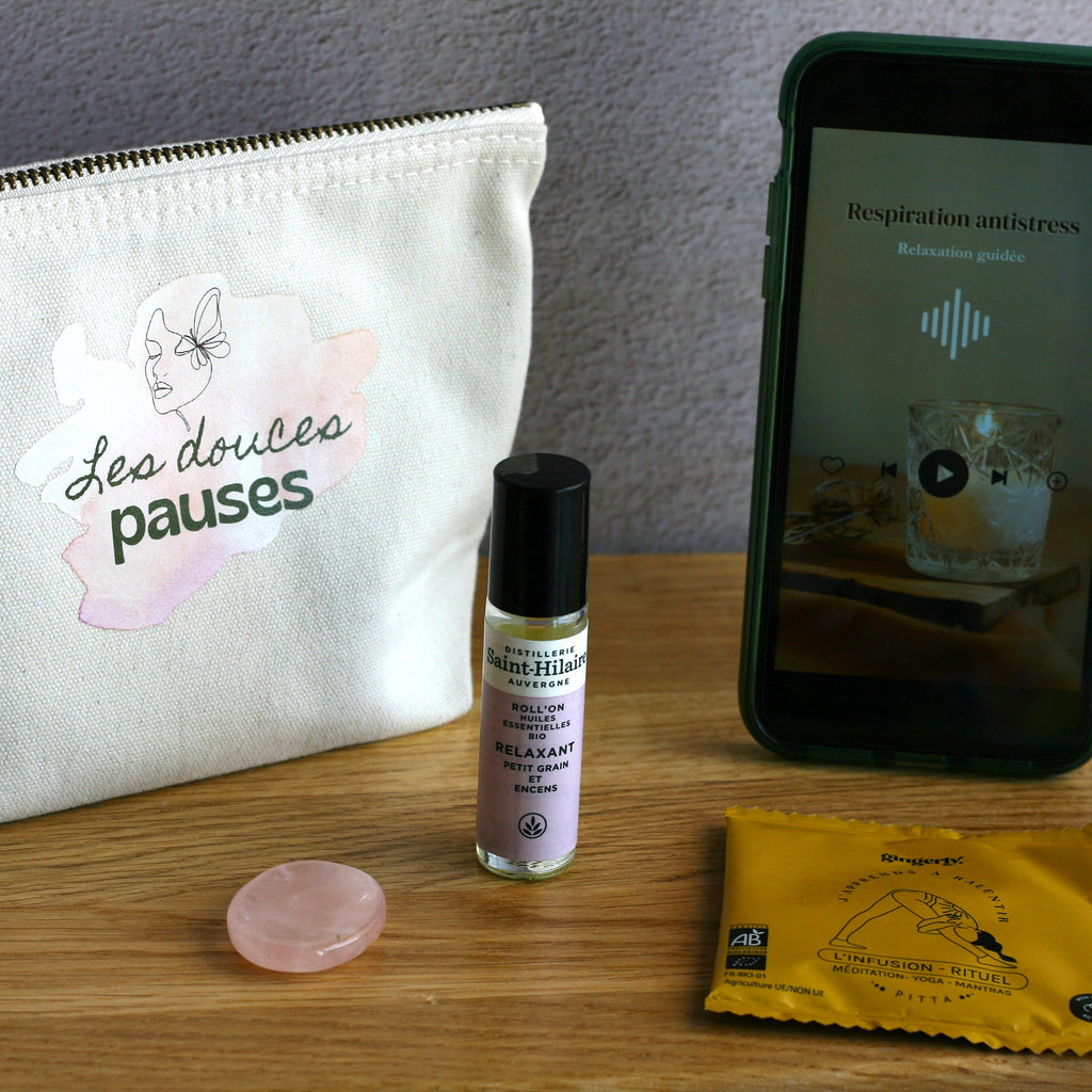 pochette, antistress, roll-on, worry stone, infusions, méditation